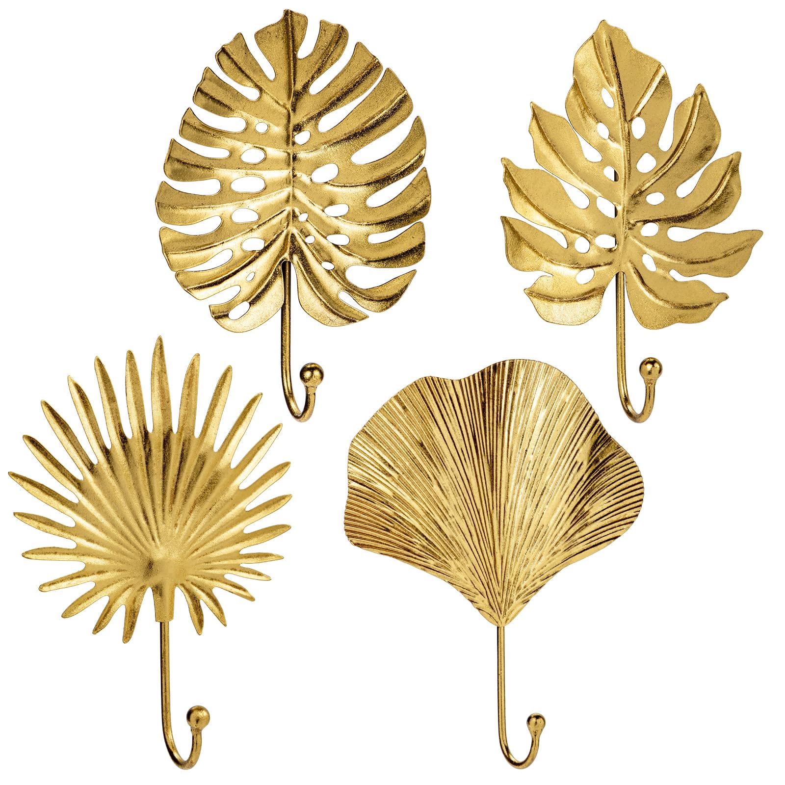 Oairse 4pcs Vintage Gold Leaf Shape Wall Hooks - Brass Coat Robe Key Holder for Bathroom, Entryway, Kitchen, Garage Decor