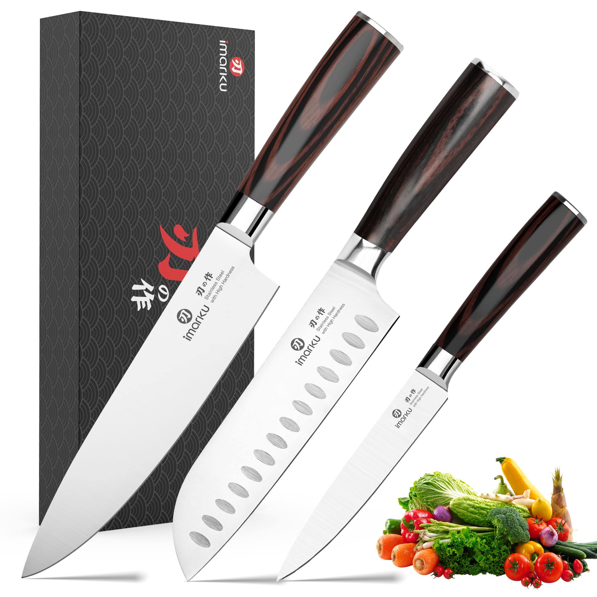 imarku 3 Pieces Knife Set, Japanese High Carbon Stainless Steel Chef Knife Set, Professional Chef Knives with Ergonomic Pakkawood Handle, Ultra Sharp Cooking Knives for Kitchen & Home Cooking Image