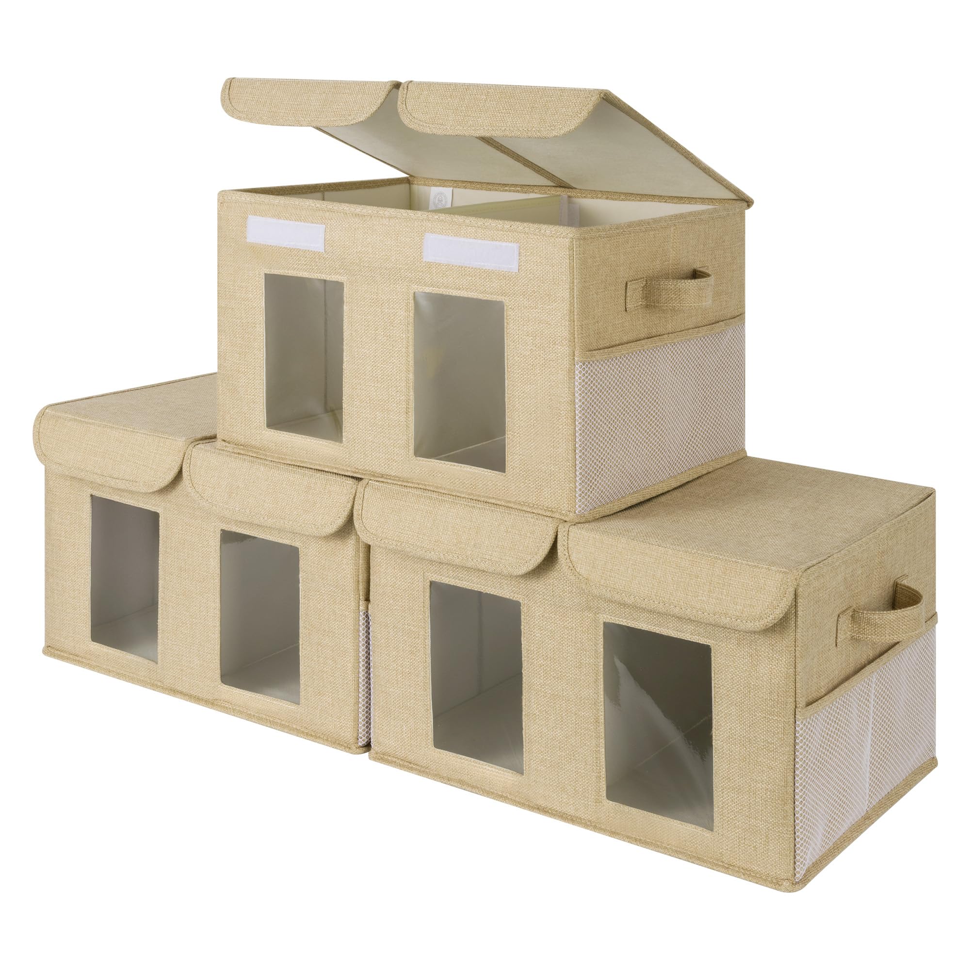GRANNY SAYS Toy Storage Bins, Storage Boxes with Lids, Stackable Storage Bins with Clear Window, Storage Baskets for Clothes, Toys, Towels, Khaki, 3-Pack