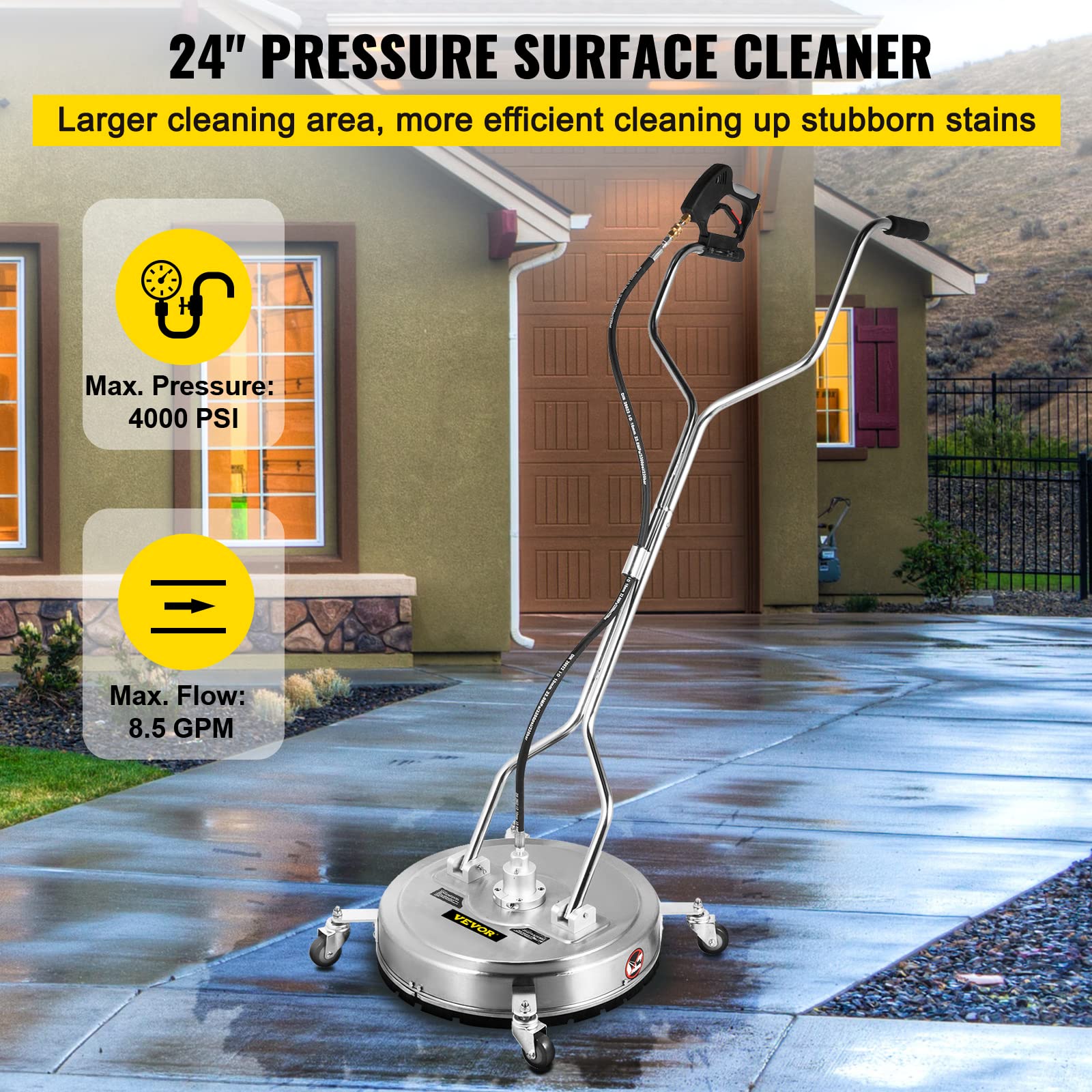 VEVOR Pressure Washer Surface Cleaner, 24'', Max. 4000 PSI Pressure by 2 Nozzles for Cleaning Driveways, Sidewalks, Stainless Steel Frame w/Rotating Dual Handle, Wheels, Fit for 3/8'' Quick Connector