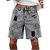 BEAUDRM Men's Graphic Baggy Denim Shorts Ripped Zipper Jean Bermuda Shorts with Pockets