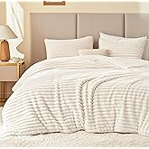 EXQ Home Fluffy Comforter Set Twin Size - Super Soft Faux Fur Stripe Jacquard Comforter 2 Pieces, Cream White Fleece Bedding Set,Winter Warm Bed Set,1 Comforter with 1 Pillowcase