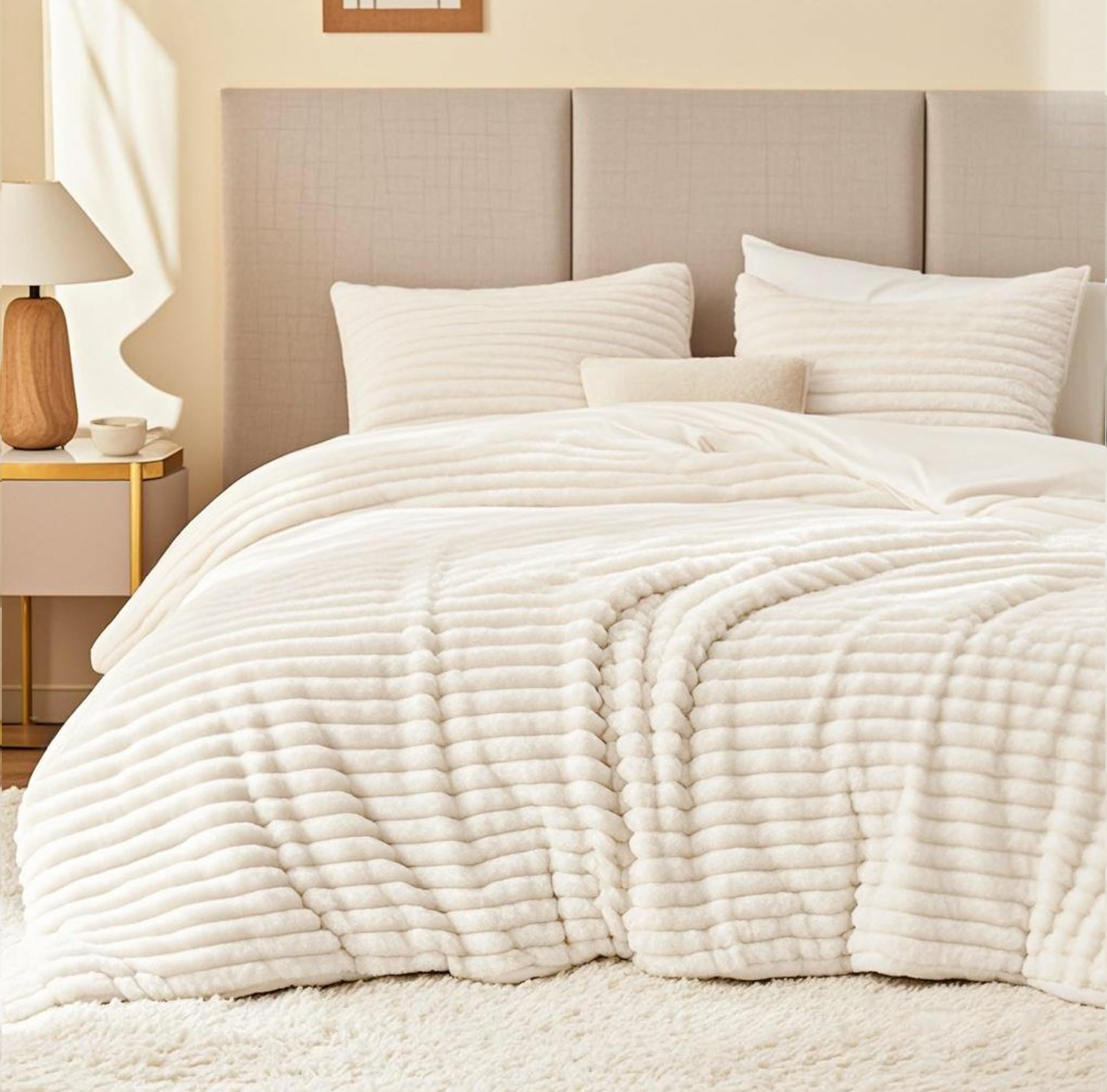 EXQ Home Fluffy Comforter Set Queen Size - Super Soft Faux Fur Stripe Jacquard Comforter 3 Pieces, Cream White Fleece Bedding Set,Winter Warm Bed Set,1 Comforter with 2 Pillowcases Image