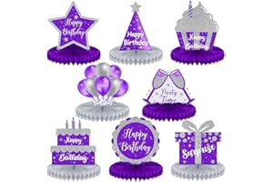 Yexiya 8 Pcs Purple and Silver Birthday Centerpiece Table Decoration, Happy Birthday Honeycomb Centerpieces Honeycomb Table Toppers for Men Women Party Supplies