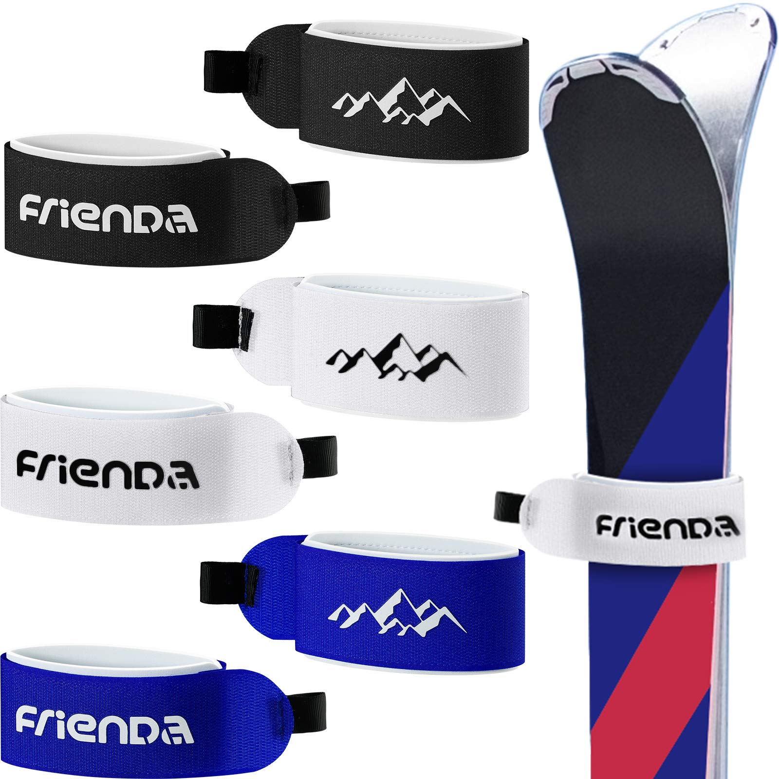6 Pieces Ski Straps Adjustable Ski Wraps Ties Fastener Tape for Families Christmas Holiday Winter (Black, Blue, White)