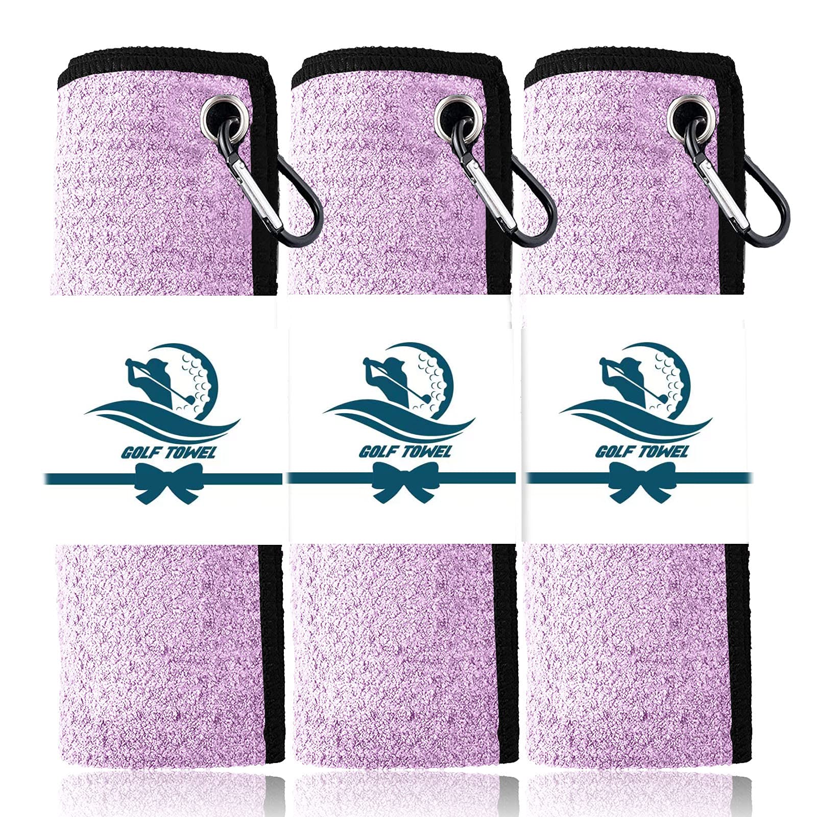 FINGER TEN 3 Pack Golf Towels Microfiber Waffle Pattern Tri-Fold 16“x16”with Heavy Duty Carabiner Clip, Golf Cleaning Towel Superior Water Absorption and Quick Dry (Purple)