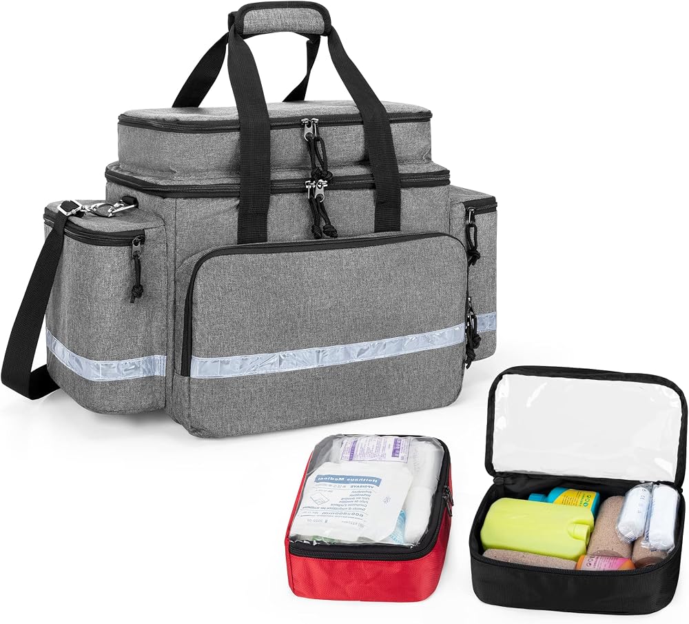 Damero Medical Bag Gray, Emergency Bag with 2 Pouches & Multi Pocket Storage