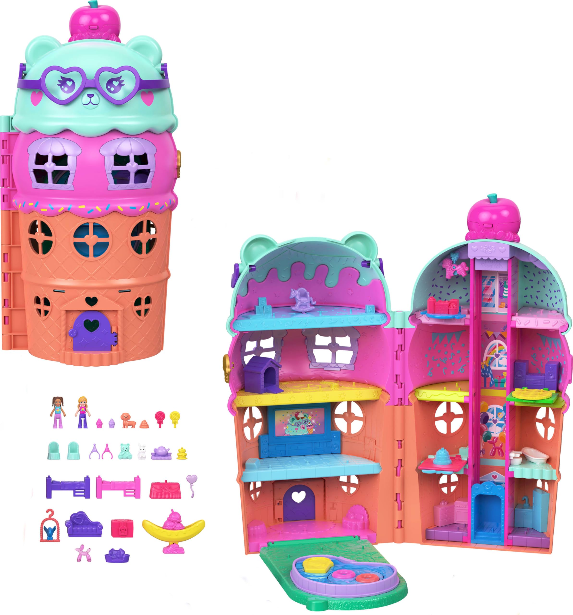 Polly Pocket Micro Dolls & Large Gelato House Playset, Ice Cream Bear Theme with 25+ Accessories Including Furniture, Food, and Pets