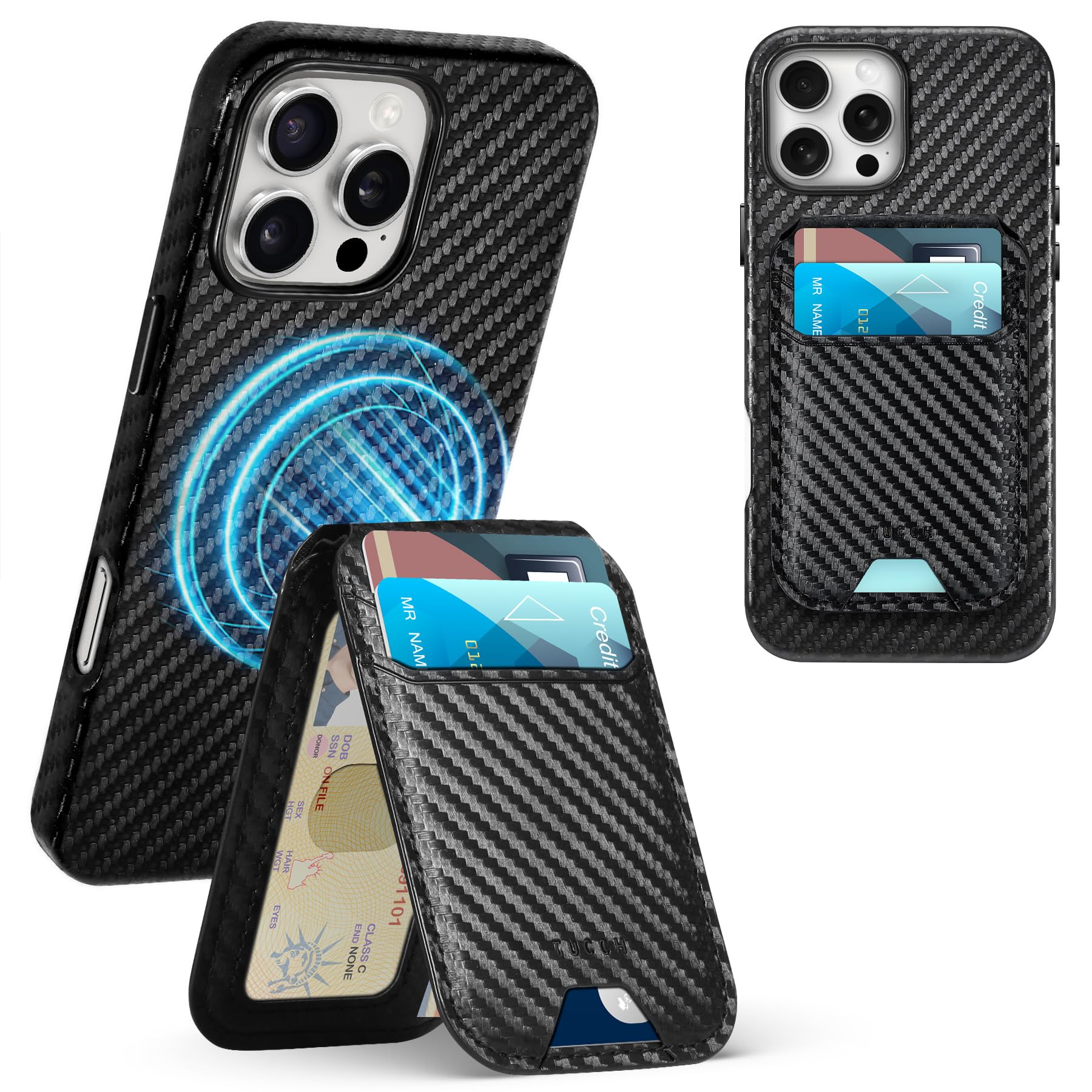TUCCH PU Leather Case for iPhone 16 Pro Max (6.9") 2024 with Detachable Magnetic Wallet Stand with[5 Card Holders][RFID Blocking][Wireless Charging]Protective Slim Anti-Slip Cover, Carbon Fiber Black