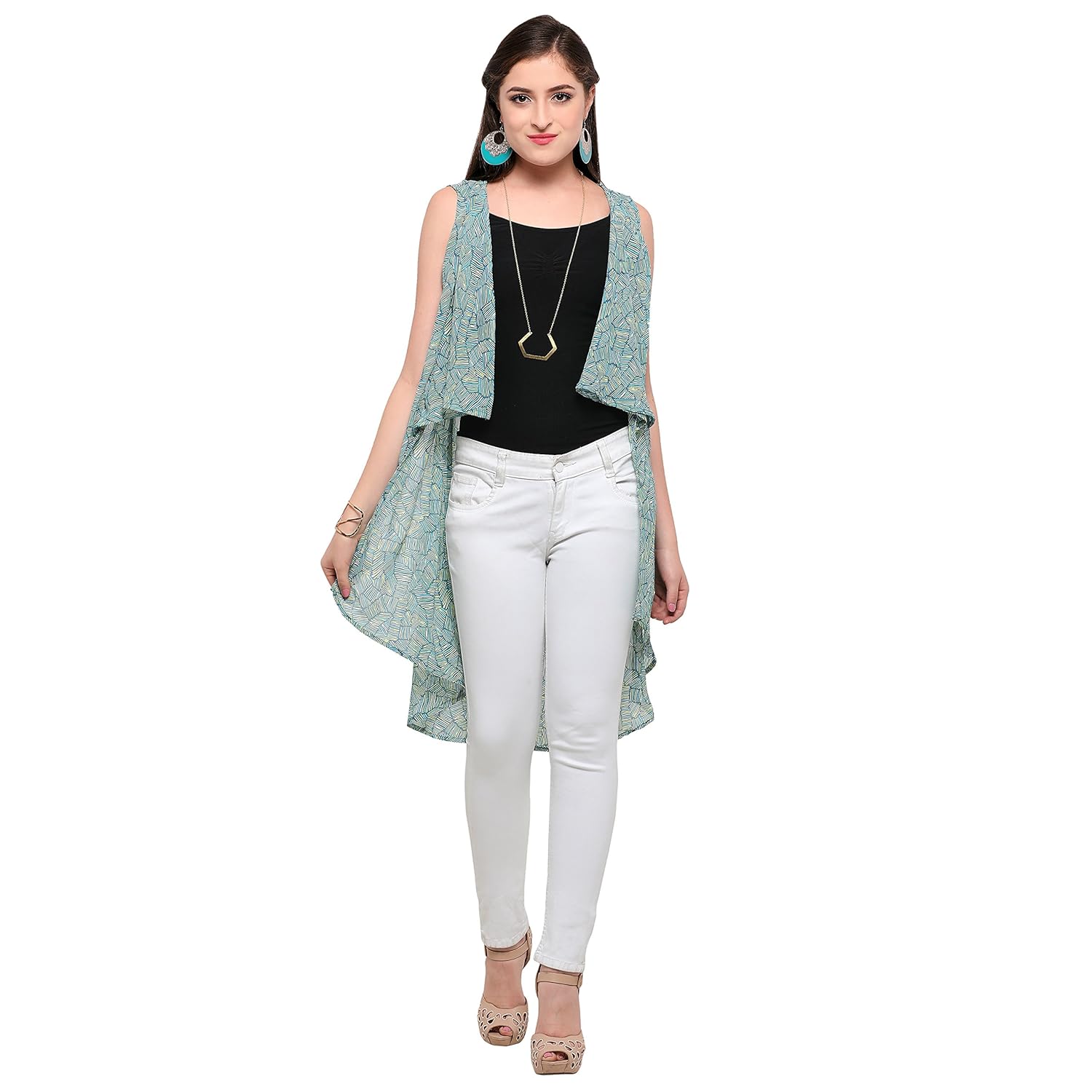 serein women's green multicolour georgette sleeveless shrug/long jacket/summer jacket