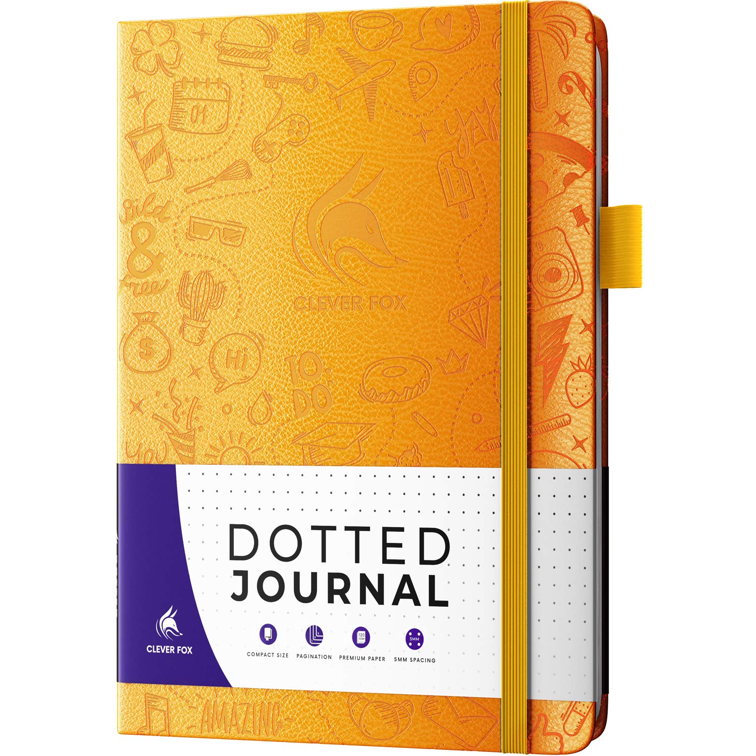 Clever Fox Dotted Journal 2.0 – Compact Planning and Sketching Dot Grid Notebook 120 GSM Thick, No-Bleed Paper – Planner with Pen Loop, Pocket, Ribbons, Stickers – A5 – Amber Yellow