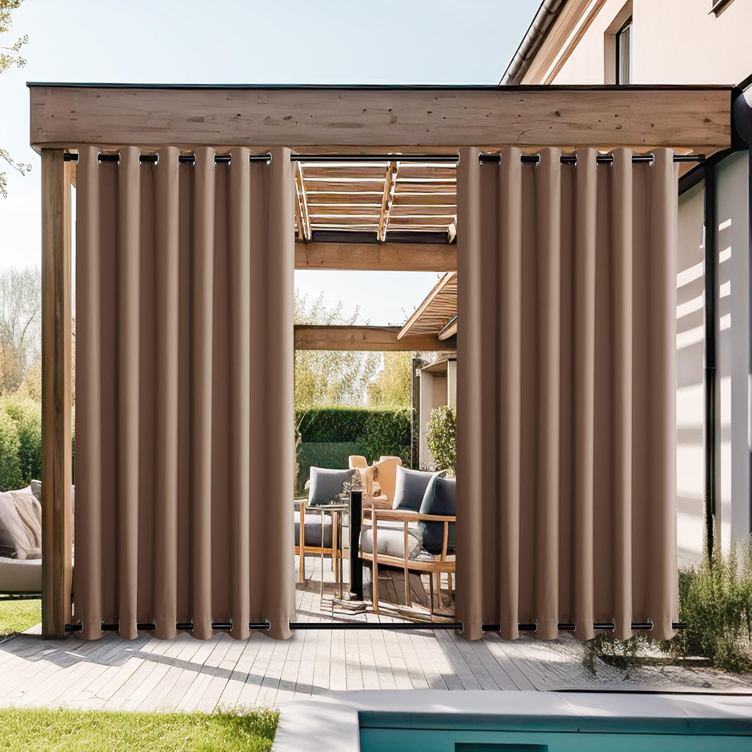 Outdoor Curtains - NICETOWN 2 Panels Tan Outdoor Curtains for Patio Waterproof, Thermal Insulated Top & Bottom Grommet Blackout Windproof Gazebo Curtains & Drapes Heat & Cold Block for Garden, W84 by L95