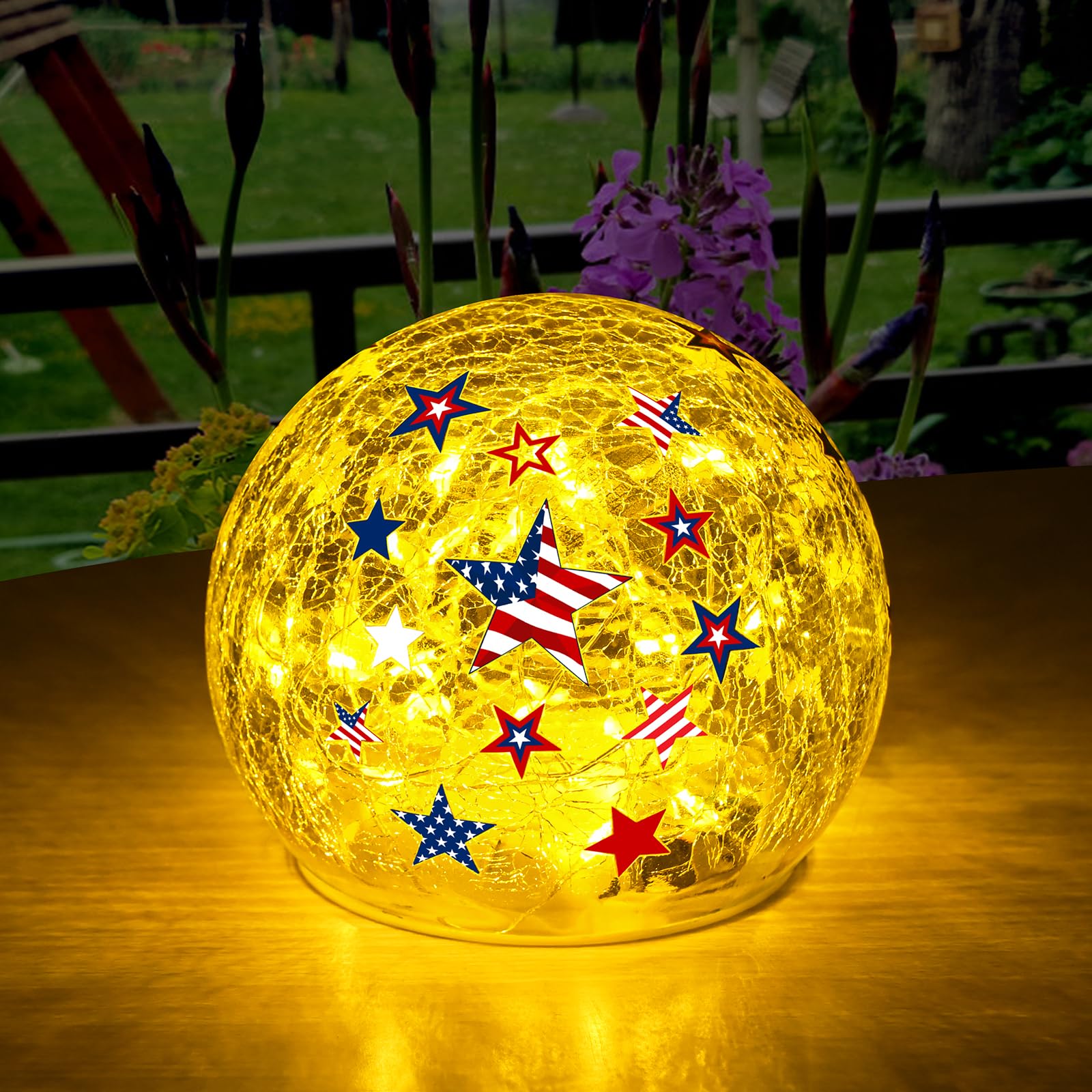 Photo 1 of FRAMICS 4th of July Decoration 4" Independence Day Star Globe Lamp with Timer Patriotic Star Crackle Glass Ball Memorial Day Lighted Decorative Ball Lamp Tabletop LED Light Decor Gift