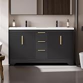 eclife 60" Bathroom Vanity with Sink Combo, Modern Freestanding Painted Storage Cabinet with Fluted Doors, 3 Drawers, Undermount White Dual Sink, Faucet, Drain, Black