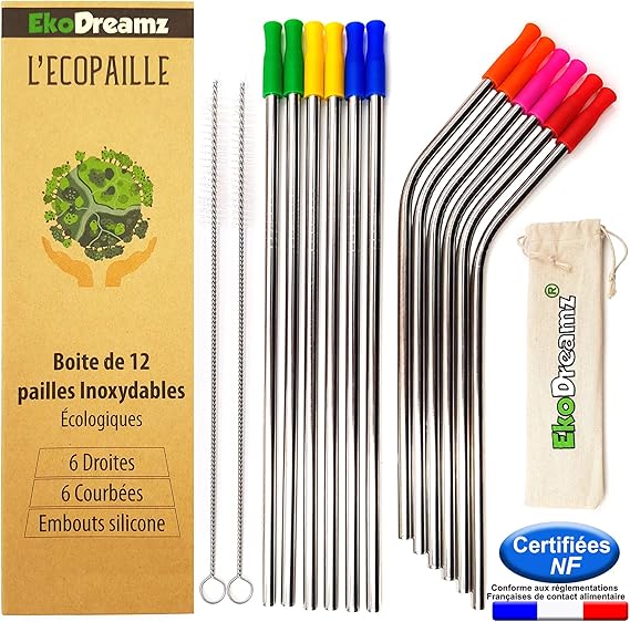 EkoDreamz - Juego de 12 pajitas, de acero inoxidable, reutilizables