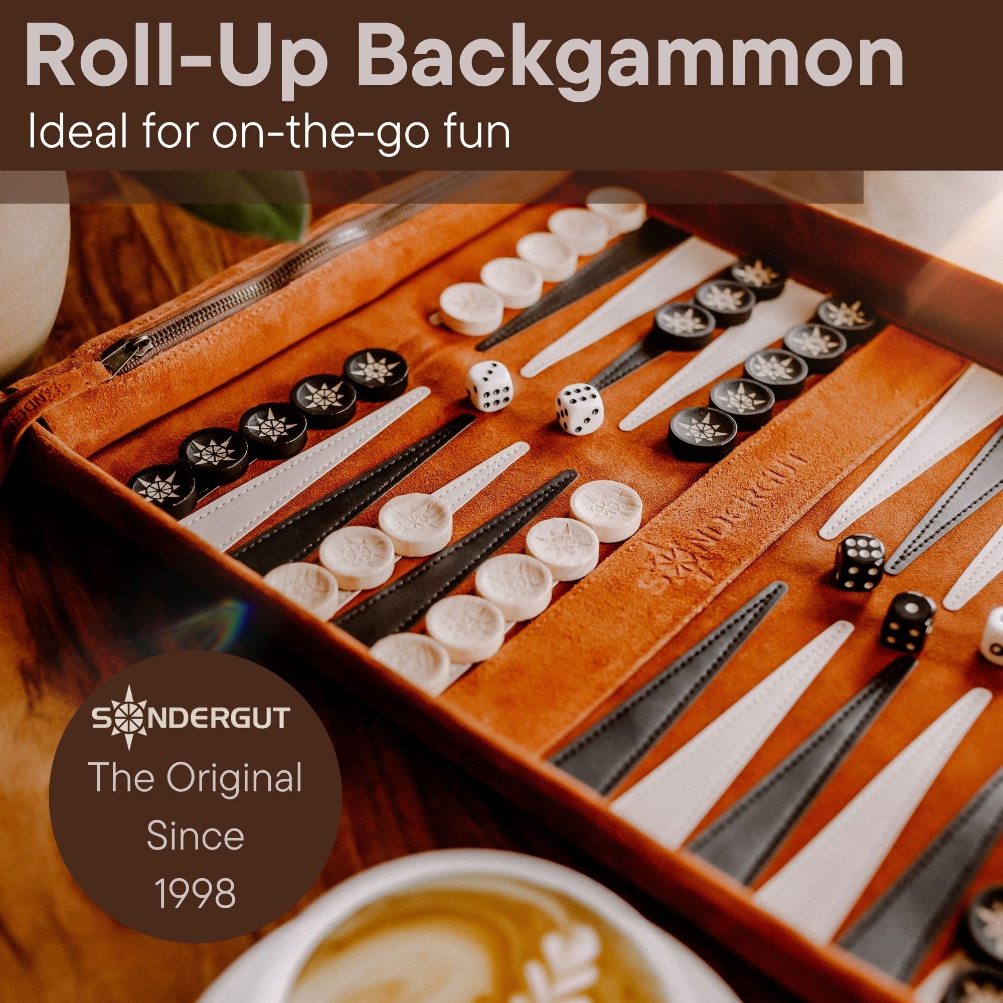 Sondergut Roll-up Portable Suede Deluxe Backgammon Game Set- Elegant Design Engraved Wood Stones Pop-Up Playing Field - Ideal for RV Travel, Cruise, Airplane, Camping, Backpacking, Road Trips, Etc.