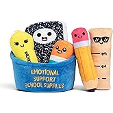 Emotional Support School Supplies Plush by Relatable - Cute Stuffed Animals and Squishy Toys, Fun Gift Ideas for All Ages, and Your Favorite Teacher - Includes 5 Plushies with Carrying Basket