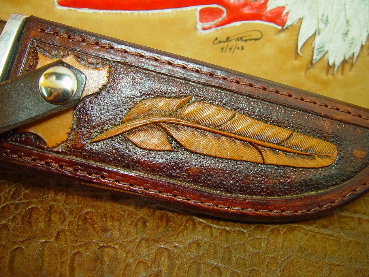Custom Leather Vertical Knife Sheath for Buck 124. Feather Tooling
