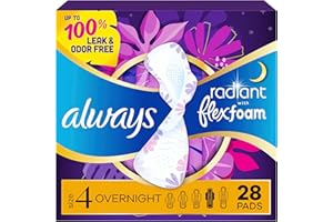 Always Radiant Feminine Pads for Women, Flexfoam Pads with Wings, Size 4, Overnight Absorbency, Lightly Scented, 28 Count