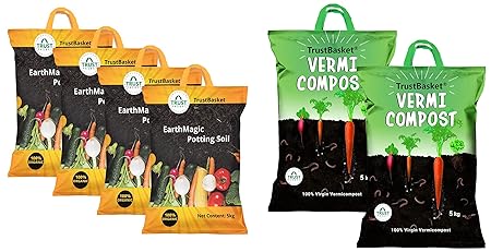 TrustBasket Enriched Premium Organic Earth Magic Potting Soil Mix with Required Fertilizers for Plan & Organic Vermicompost Fertilizer Manure for Plants - 10 KG Combo