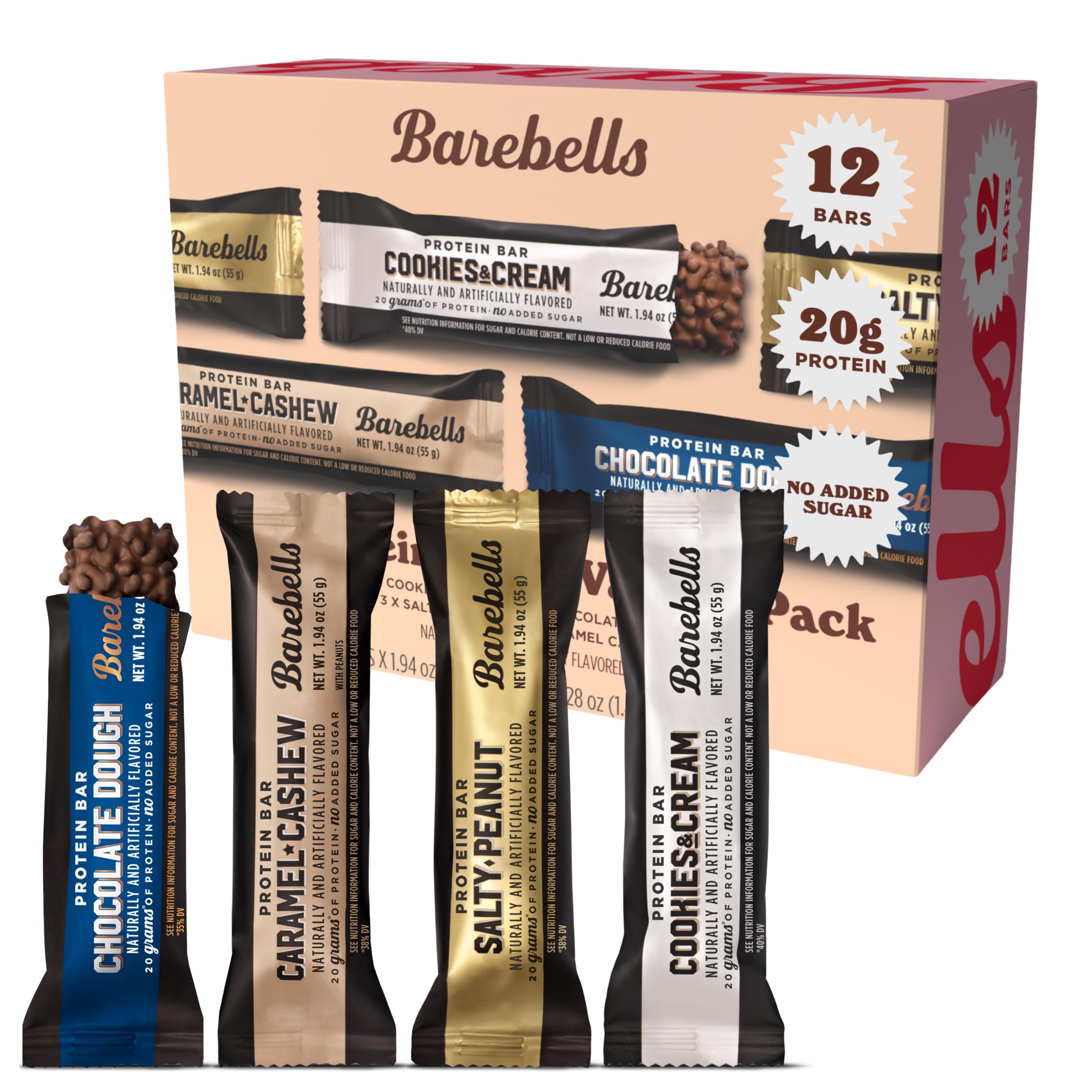 Barebells Protein Bars Variety Pack - 12 Count, 1.9oz Bars - Protein Snacks with 20g of High Protein - Chocolate Protein Bar with 1g of Total Sugars - Perfect on The Go Protein Snack & Breakfast Bars