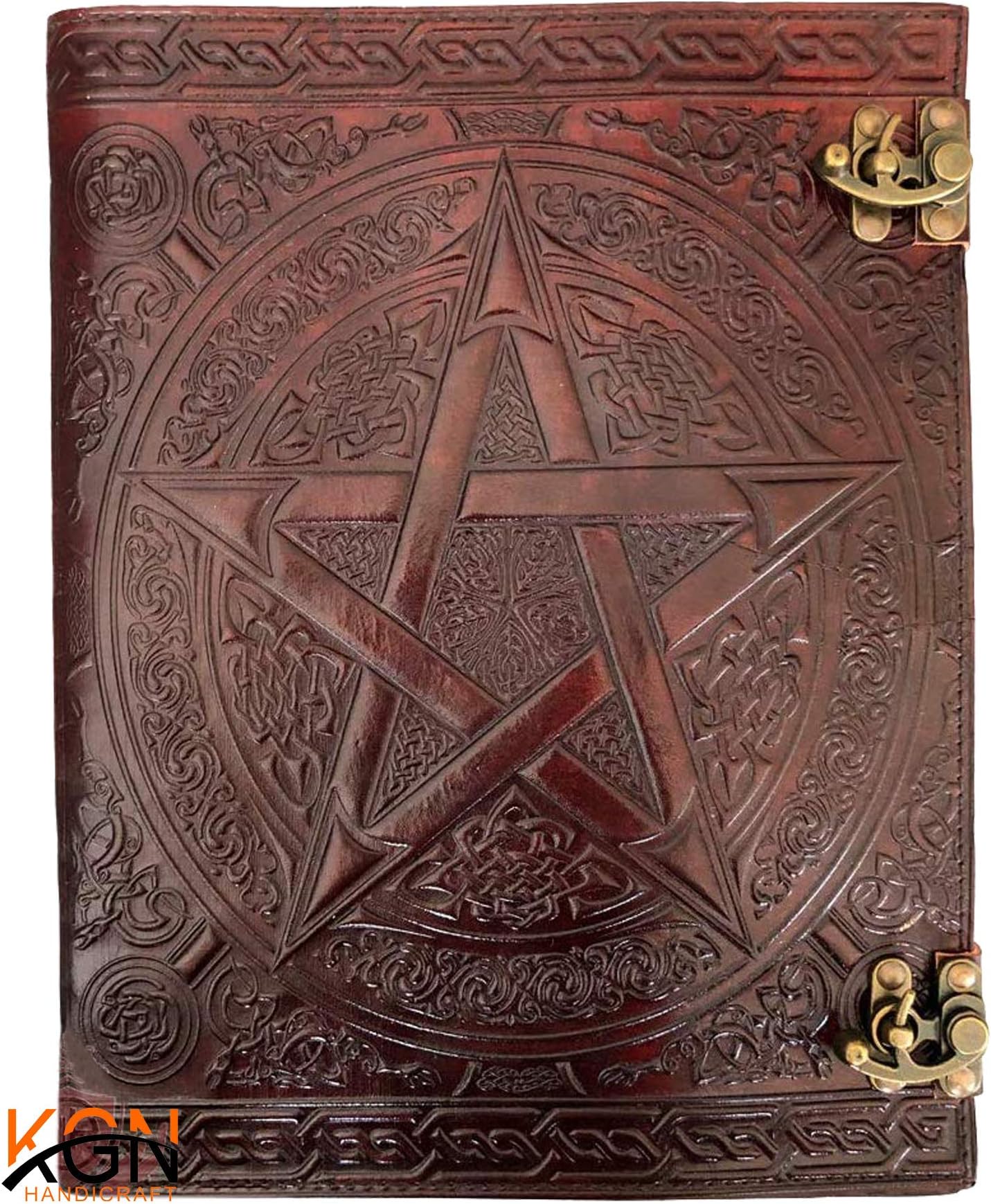 Large Handmade Pentacle Blank Leather Book of Shadows Wiccan Journal Pentagram Embossed Witchcraft Parchment Unlined Paper Antique grimoire Pagan Daily Journal with Lock Notebook 10x13 inches (Brown)