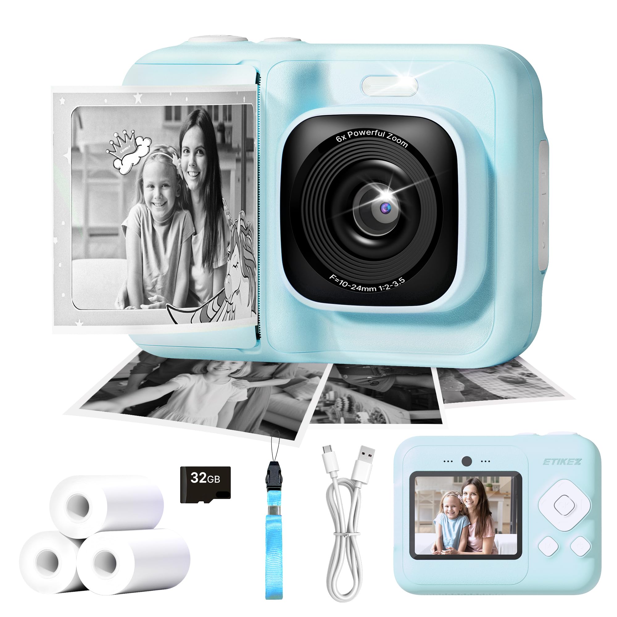 ETIKEZ Kids Camera, 1080P Instant Digital Print Camera for Kids, Christmas Birthday Gifts for 4 5 6 7 8 9 10 Year Old Girls Boys, Portable Toy with 32GB SD Card & 3 Rolls Printing Paper, Blue Image