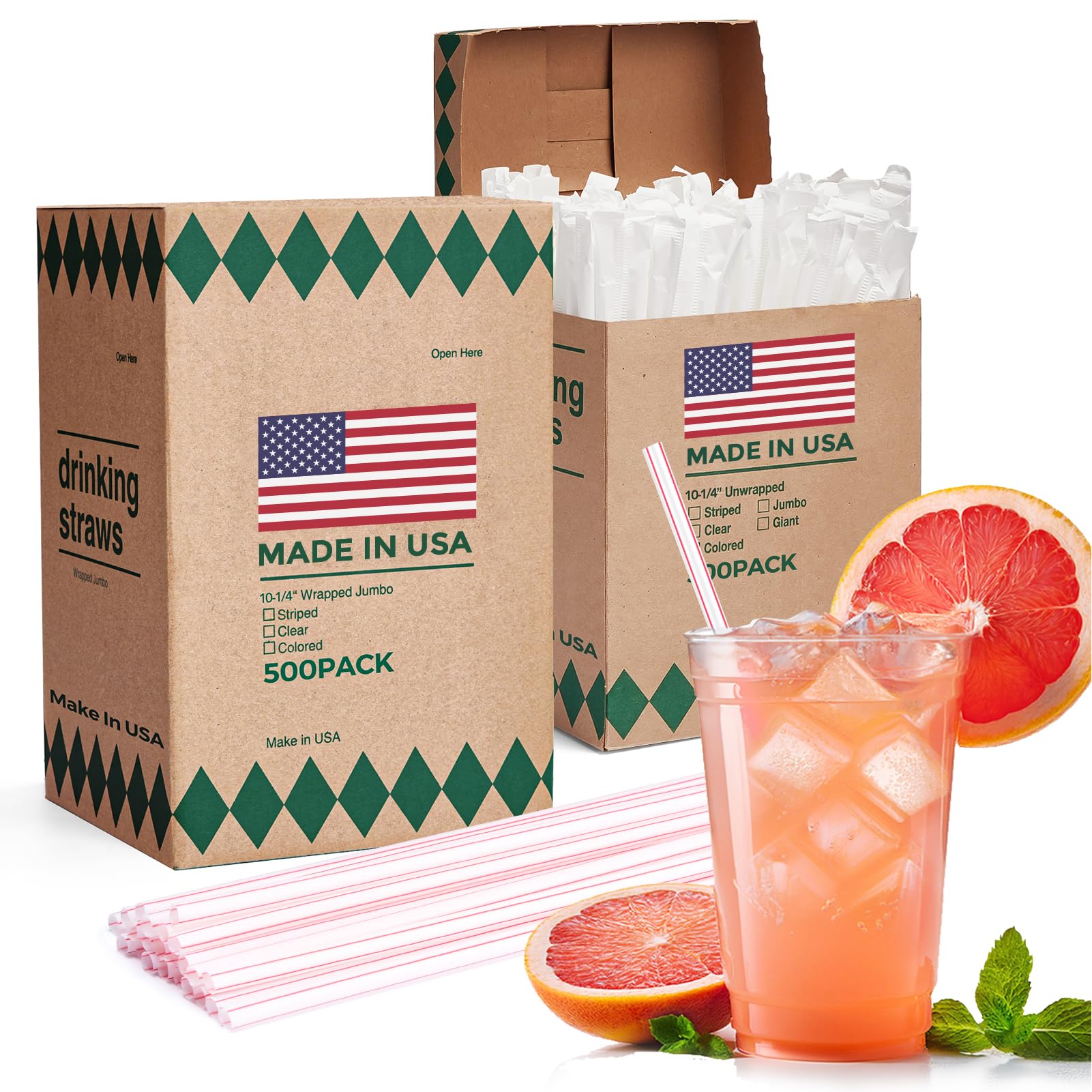 Photo 1 of Glotoch Express 1000 PCS Individually Wrapped Plastic Straws, 10.25'' Long, 0.24'' Diameter Disposable Drinking Straws for Every Occasion, Party, Made in USA (White & Red Stripes)