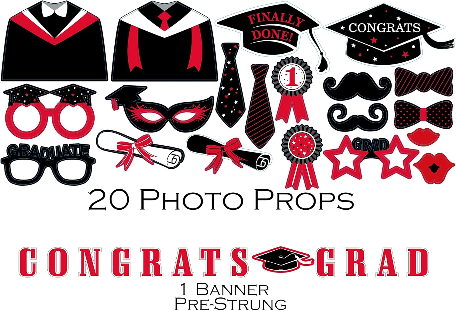 Serves 30 | Complete Party Pack | Congrats Grad Red Party Supplies | 9" Dinner Paper Plates | 7" Dessert Paper Plates | 9 oz Cups | 3 Ply Napkins Beverage and Lunch Napkins | 2 Table Cover | 20 Photo Props | 1 Banner | Graduation Party Supplies Red Graduation Party Theme: Toys & Games
