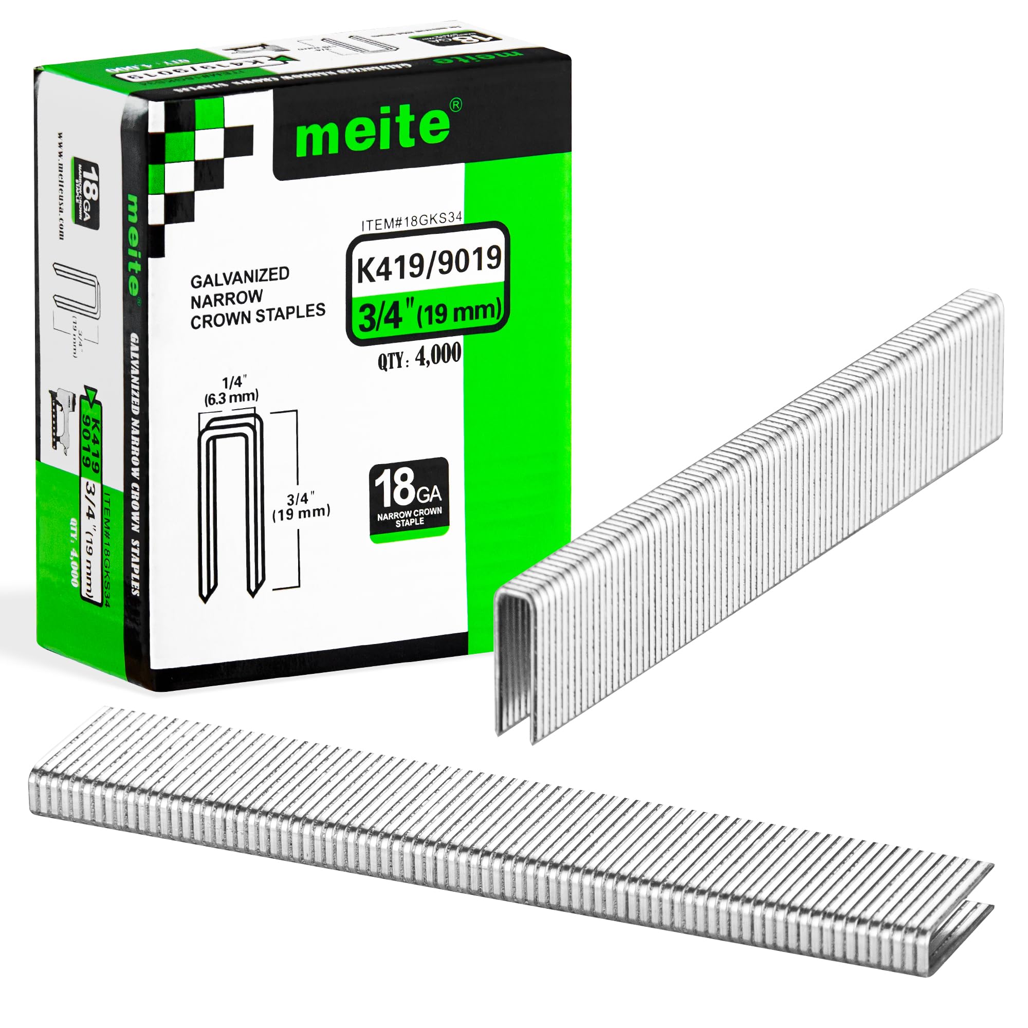 meite 9019 Type 90/19 mm Narrow Crown Staples for Staple Gun, 18 Gauge Galvanised Upholstery Staples for Furniture, Wood Box, Crafts DIY (4,000 Counts)