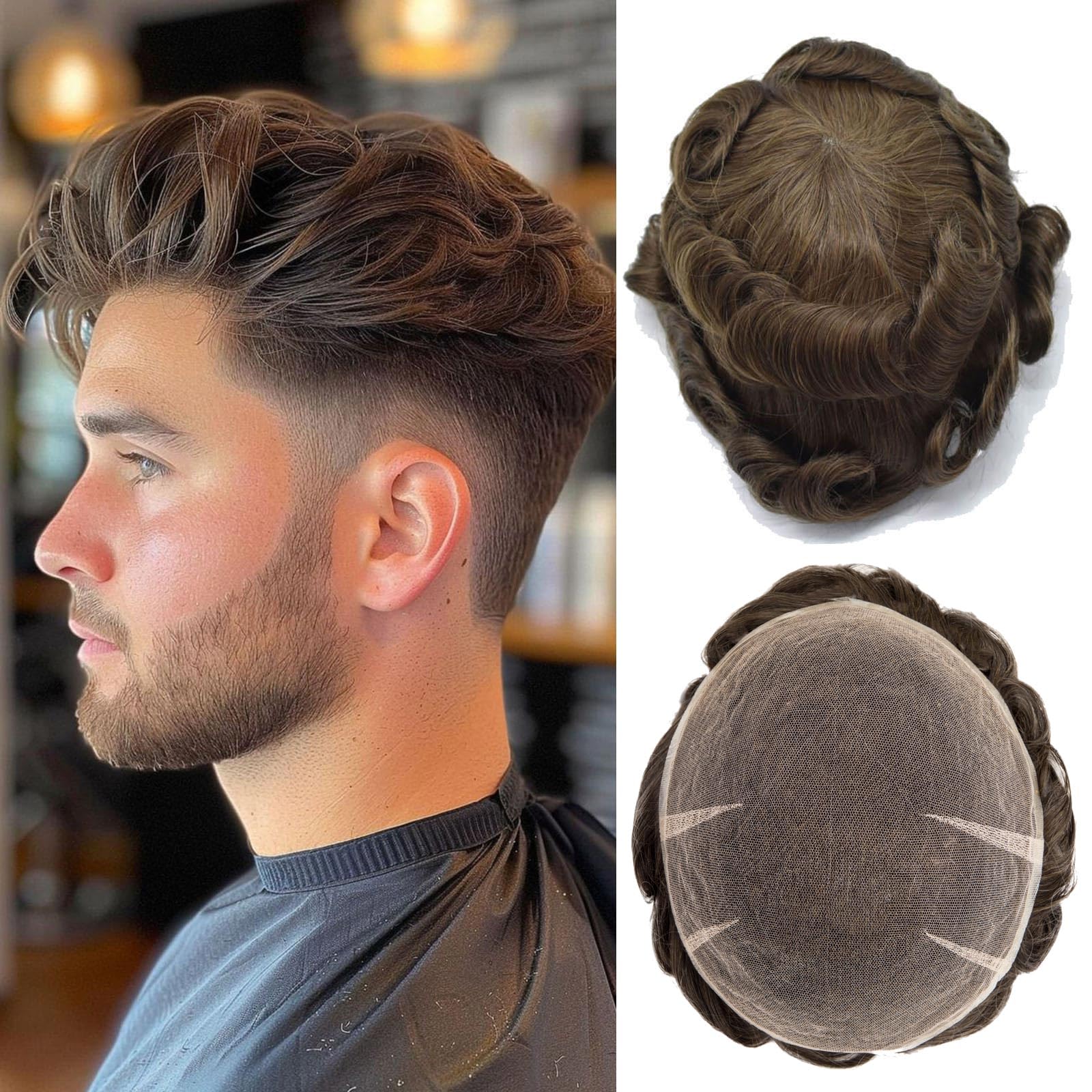 Ehairc Toupee For Men Full Swiss Lace Hair System For Men 100% Human Hair Breathable Men'S Toupee Hairline Bleach Knots Natural 90% Density Mens Lace Wig Base Size 8X10" (#4)