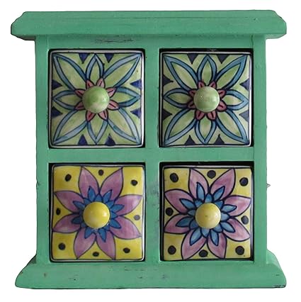 Buy Wooden Chest Ceramic Drawer Set Of 4 Box Red Green Online At