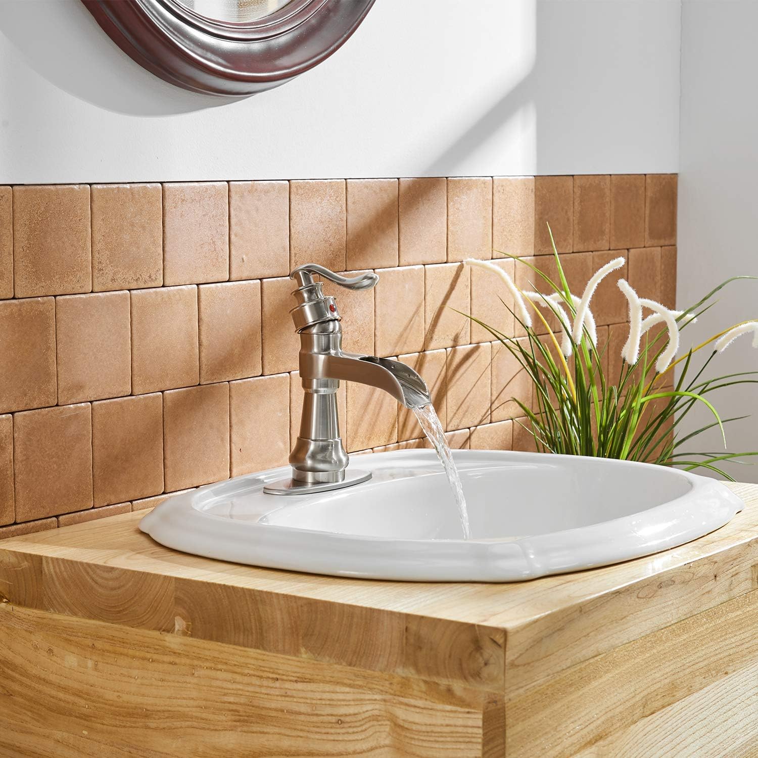 BWE Bathroom Sink Faucet with Drain Assembly and Supply Hose Lead-free Single-Handle One Hole Lavatory Waterfall Faucet Mixer Tap Deck Mounted Brushed Nickel - - 