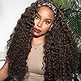 Headband Wig Human Hair Deep Wave Half Wigs Glueless None Lace Front Wigs with Headband Attached Brazilian Human Hair Headband Wigs Glueless Curly Hair for Black Women(10 Inch, Chocolate Brown)