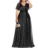 Ever-Pretty Plus Women's Glitter Plus Size Formal Dress Evening Gown V-Neck Short Sleeve Floor Length Mother of Bride Dresses