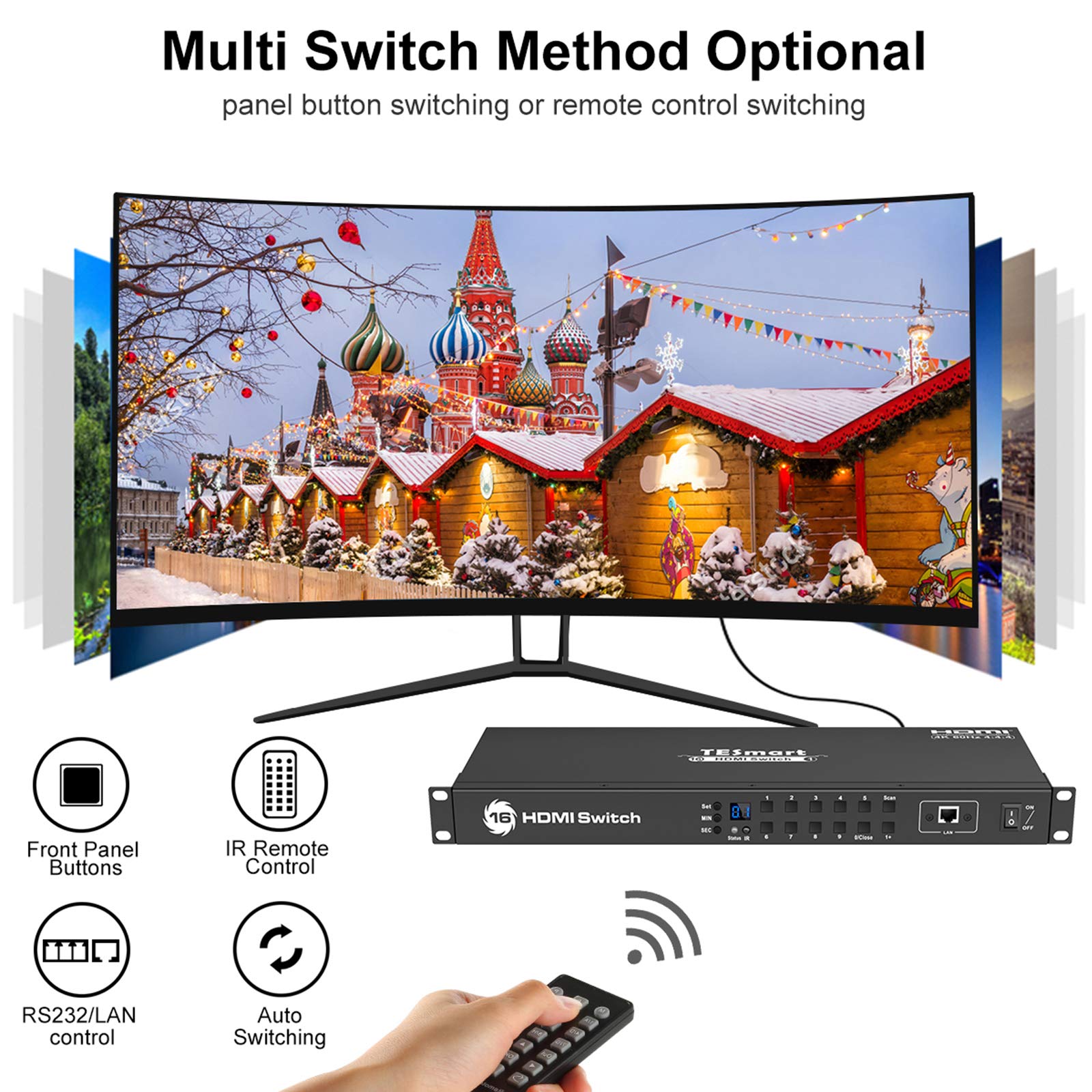 TESmart 16×1 HDMI Switch 16 in 1 Out 4K@60Hz HDCP 2.2 with 19-inch Rack-Ears | RS-232 / LAN Control | IR Remote Control and Auto Switch | Auto Scan Time Interval - Black