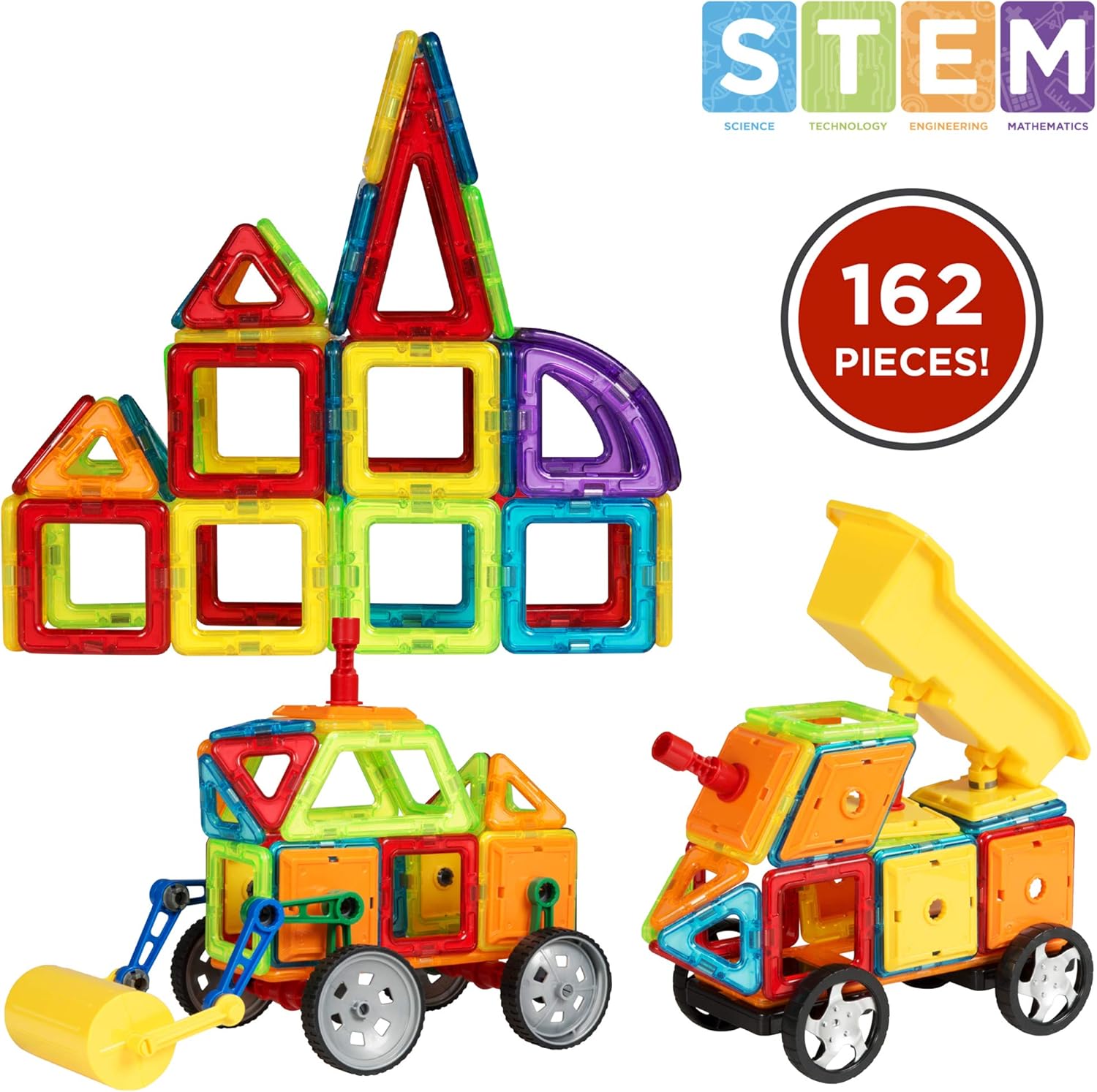 Best Choice Products Kids 162PC Multi Color Magnetic Blocks Tiles Education STEM Toy Steamroller Dump Truck Building Set