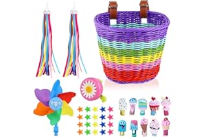 FANOVO Kids Bike Basket, Detachable Bike Basket for Girls with Colorful Bicycle Streamers, Bicycle Bell, Windmill, Wheel Beads