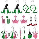 Jollaroo Witch Musical Acrylic Earrings - 8 Pairs Sparkly Glitter Earnings for Women Girls, Pink and Green Crown Magical Hat Movies Oz Magic Wands Shoes Jewelry Gifts for Musical Fans Party Birthday