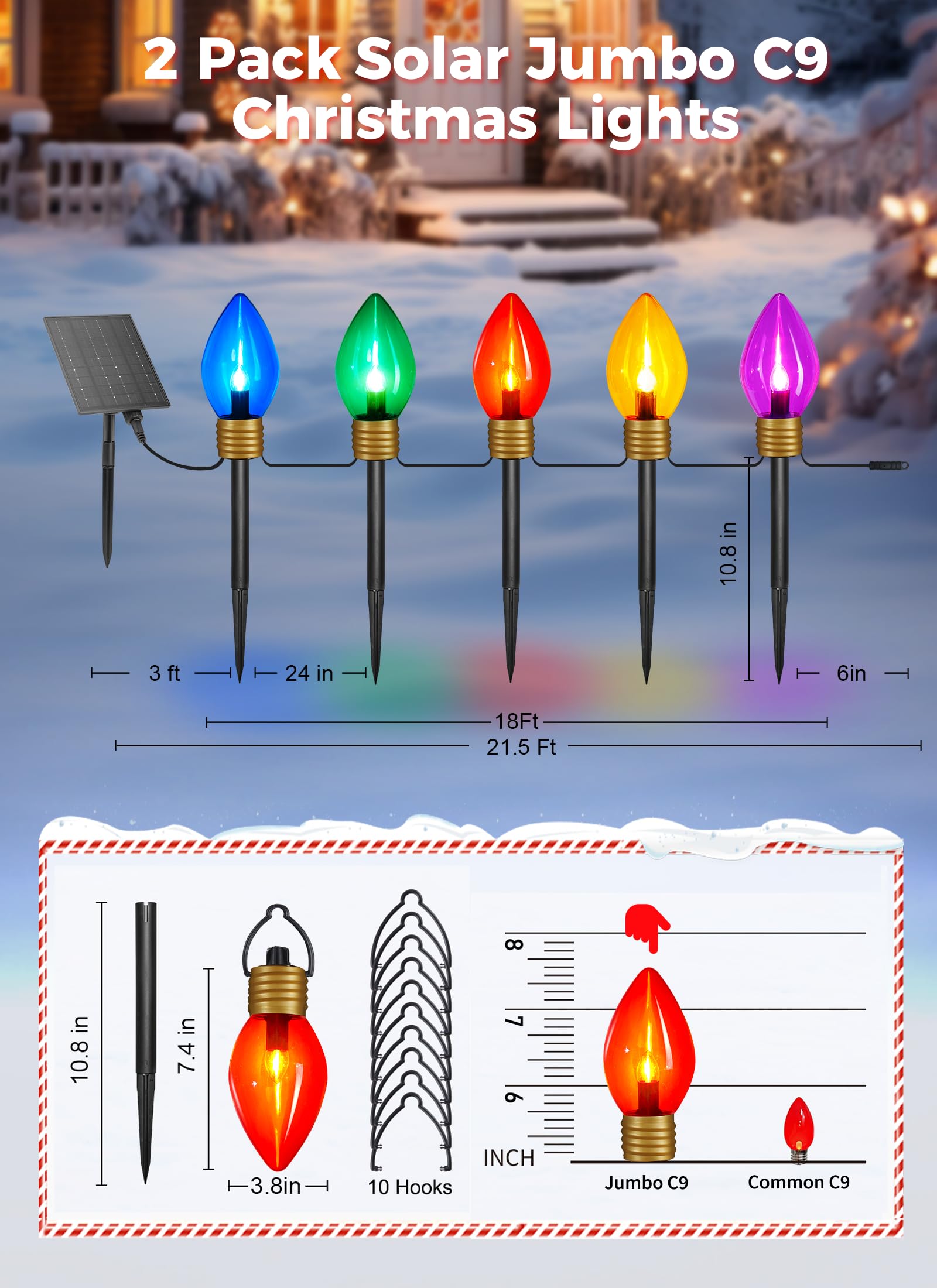 Condition photo showing New/Like New for brightown solar jumbo christmas lights outdoor - 2 pack total 44 ft 20 led jumbo c9 christmas pathwa