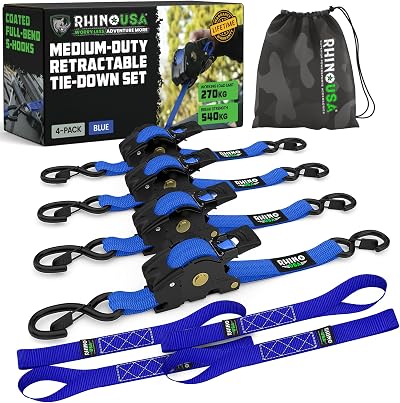 Rhino USA Retractable Ratchet Straps 4-Pack 2.5cm x 3m 540kg Blue