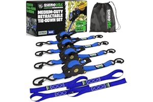 Rhino USA Retractable Ratchet Straps (4-Pack) - 1 Inch x 10 Feet (1,209lb Break Strength) - Auto Self Retracting Tie Down Straps for Truck, Cargo Trailer, Motorcycle, ATV, UTV - Blue