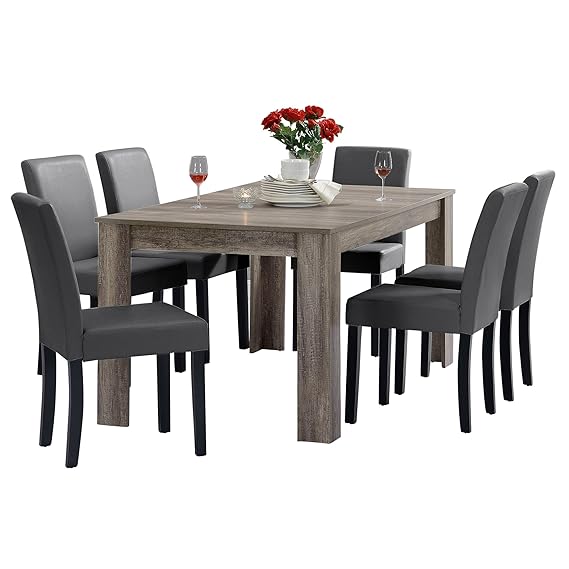 [en.casa] Esstisch und Stuhlset Oslo (antik - 160x90) 6 Stühle (Gepolstert - dunkelgrau) - im Sparpaket