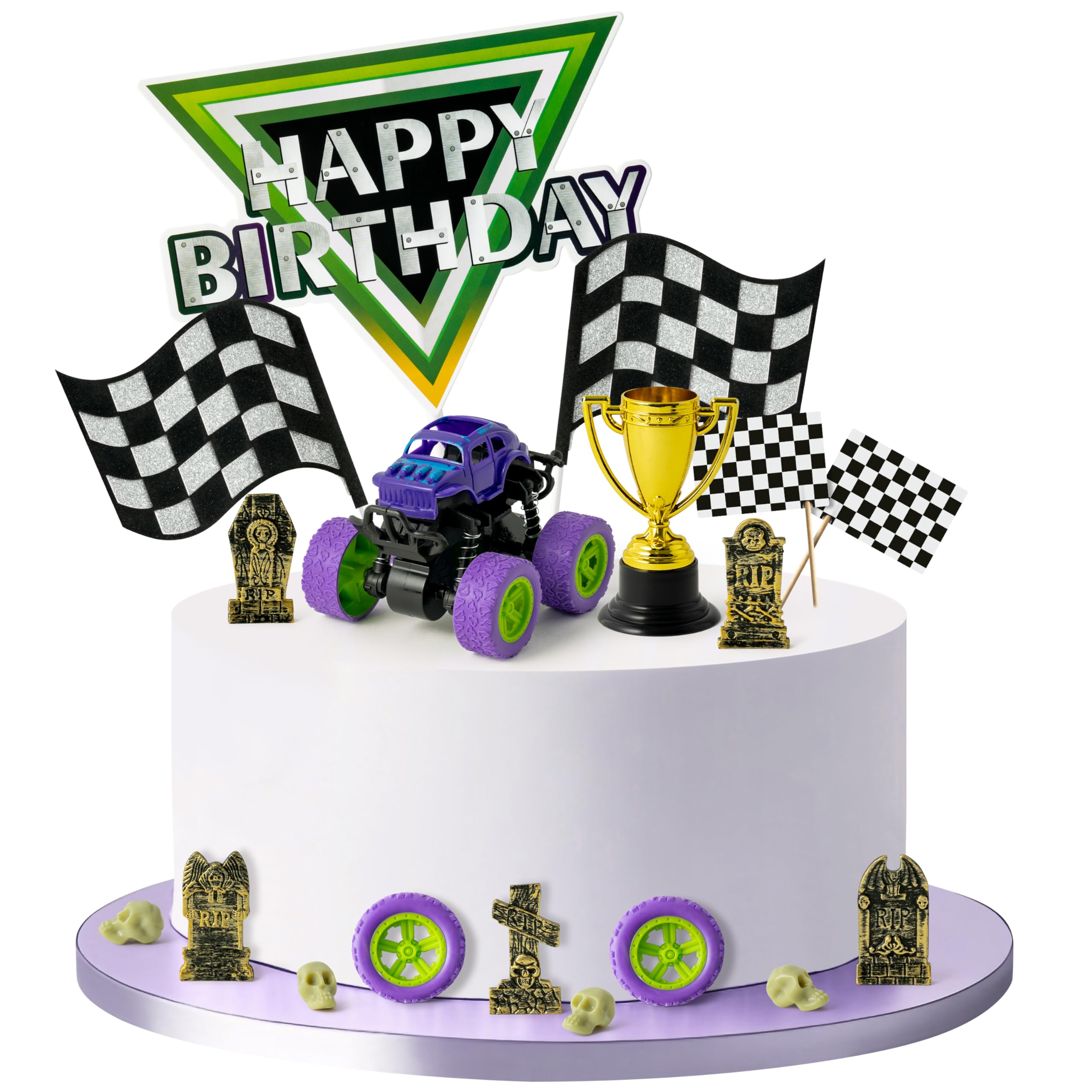 Photo 1 of Haooryx Monster Truck Cake Topper - 40Pcs Green and Purple Monster Truck Cake Decoration Racing Car Dessert Cupcake Topper for Kid Boy Birthday Truck Theme Party Baby Shower Table Decoration Supply