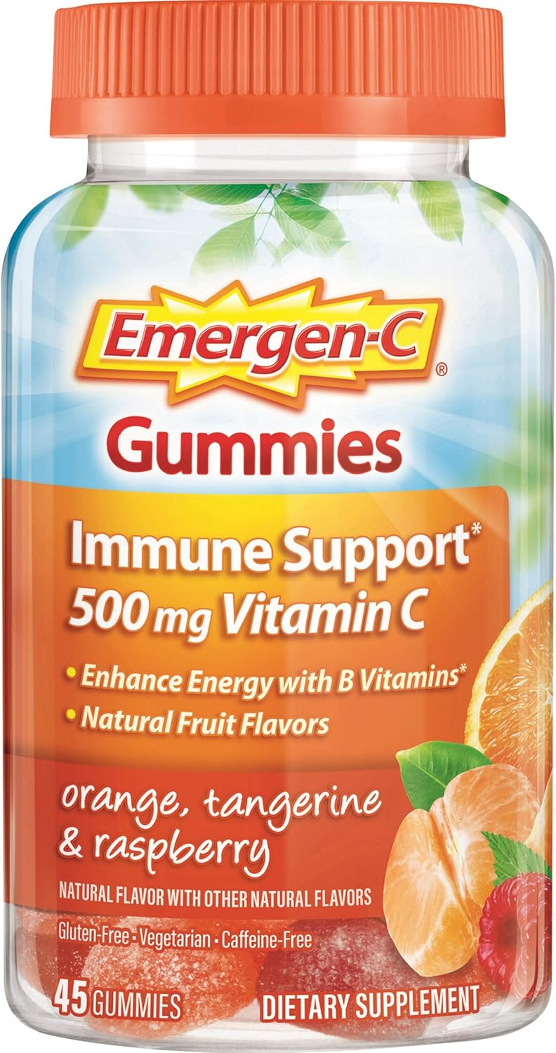 Emergen-C 750mg Vitamin C Gummies for Adults, Immunity Gummies with B Vitamins, Gluten Free, Orange, Tangerine and Raspberry Flavors - 45 Count: Health & Personal Care