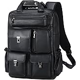 Masa Kawa Black Leather Backpack for Men 15.6 Inch Laptop Bag Multi Pockets Casual Work Business Travel Daypack