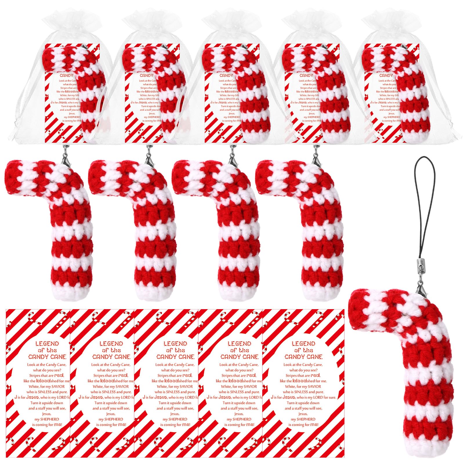 Photo 1 of 12 Sets Christmas Crochet Candy Canes Ornaments Handmade Christmas Christian Gift with Legend of Candy Cane Cards for Xmas Tree Decor Church Gathering Employee Friends Family Coworkers Party Favors