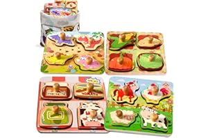 Zeoddler Wooden Puzzles for Toddlers, 4 Pcs Peg Puzzles for Kids 2-4, Preschool Learning for 2 3 Years Old, Montessori Puzzle for Boys, Girls