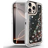 Asuwish Phone Case Compatible with iPhone 16 Pro Max 6.9 inch Screen Protector Bling Liquid Glitter Clear Hybrid Military Grade Protective Cell Cover i Phone16 16Pro i16 ProMax 16ProMax Girls Black