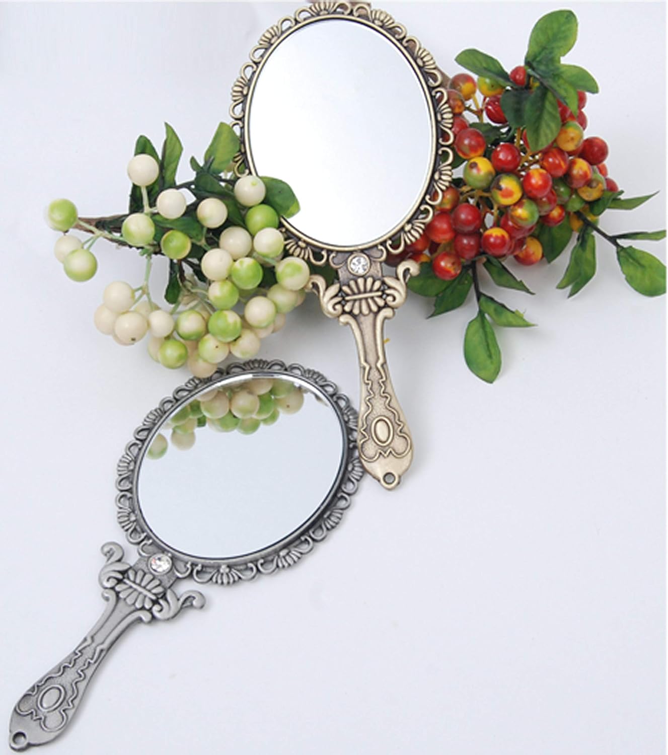 SEHAMANO Vintage Hand Mirror with Embossed Rose on The Back Handheld Makeup Beauty Metal Mirror Compact Purse Small Mirror (Brass (Matt Gold)): Home & Kitchen